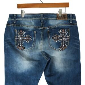 Vtg Zanadi Jeans Womens 18 (36x31.5) Blue Denim Cross Bling Embroidered Y2K
